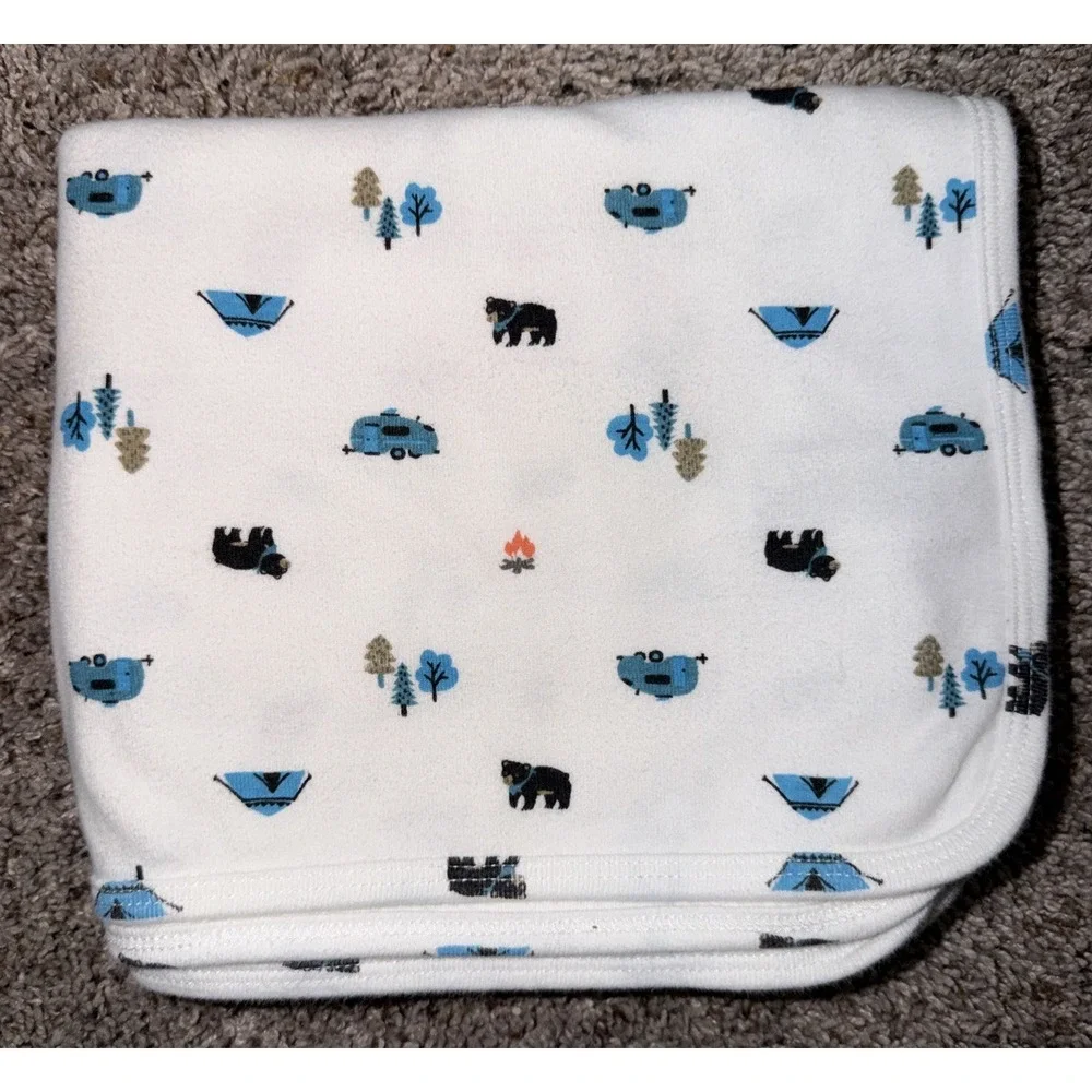 Carter's Camping Baby Blanket Stretch Jersey White Blue Bear Tent Fire Tree